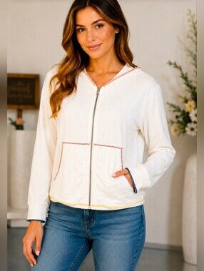 NWT Honey Punch zip front silky soft stretch hoodie ivory, colored accent stitch